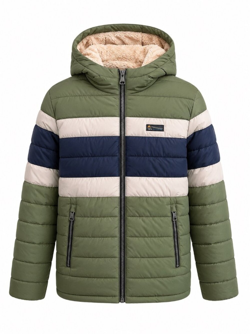 HFX Outdoors Green Navy Beige Striped Puffer Jacket W/ Hood Faux Fur Lining XL